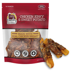 Country Kitchen Chicken & Sweet Potato Jerky Tenders packshot showing a 16 oz bag and real chicken