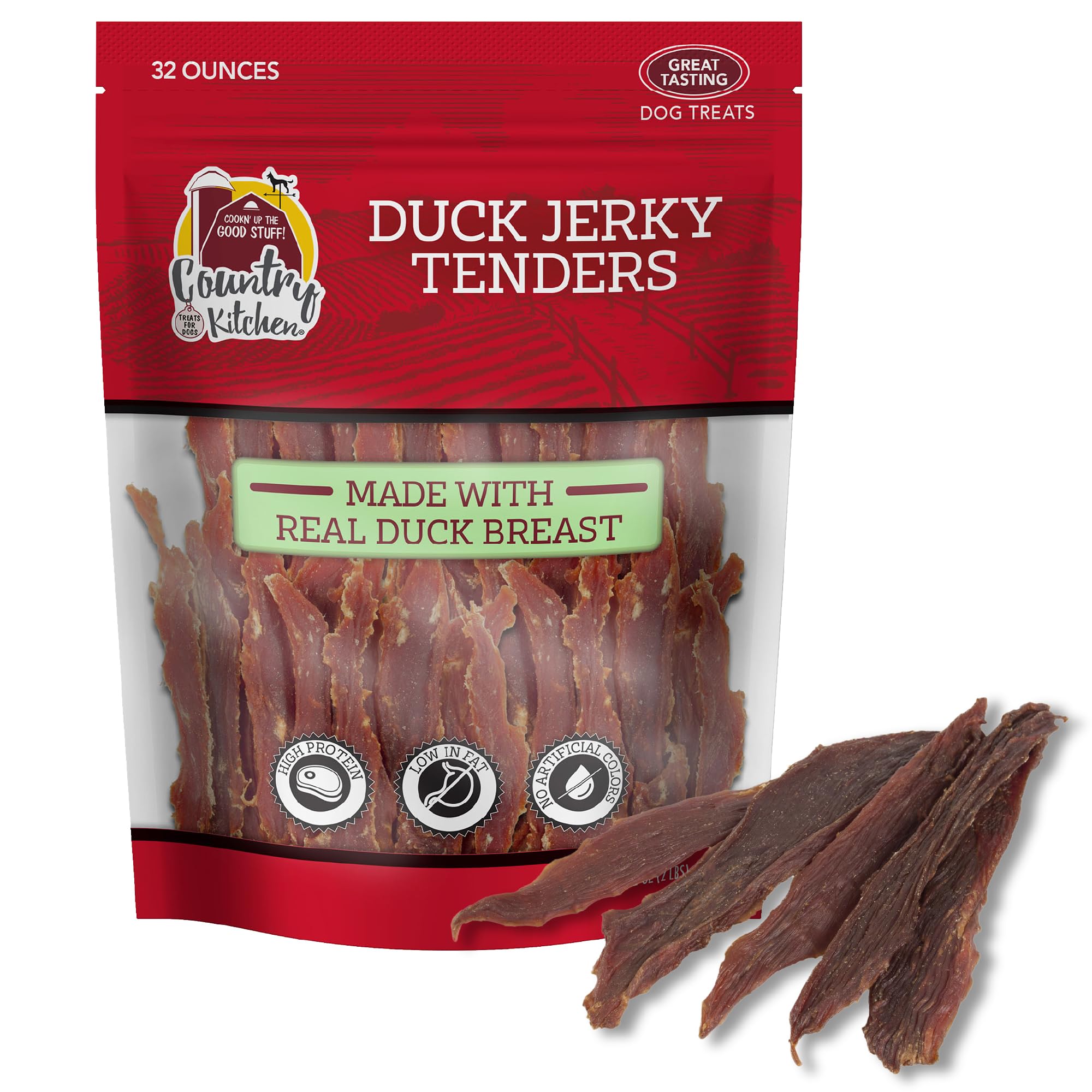 Country Kitchen packaging for duck jerky tenders, convenient protein treat