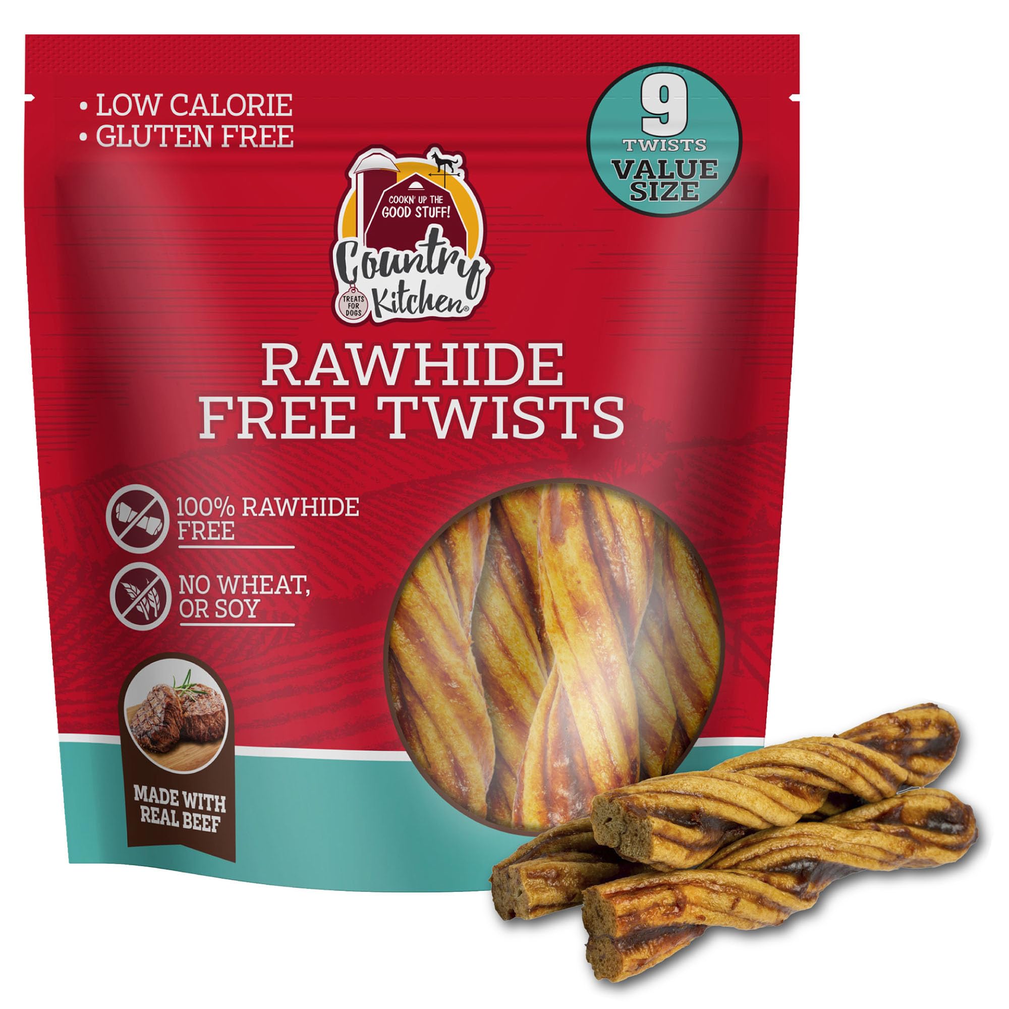 Country Kitchen rawhide-free beef twists bag close-up showing real beef