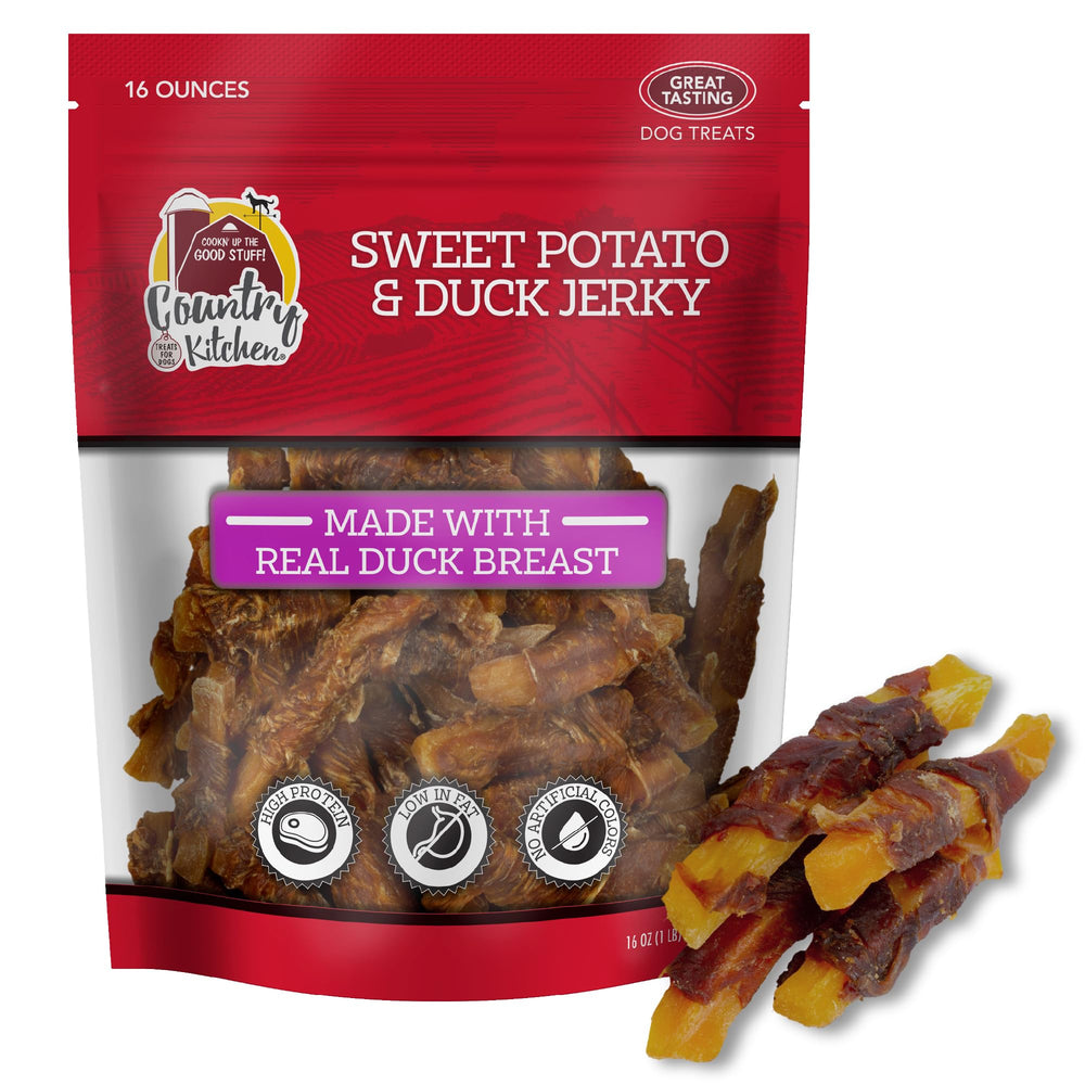 Country Kitchen Sweet Potato Duck Jerky Tenders bag; high-protein dog treat.