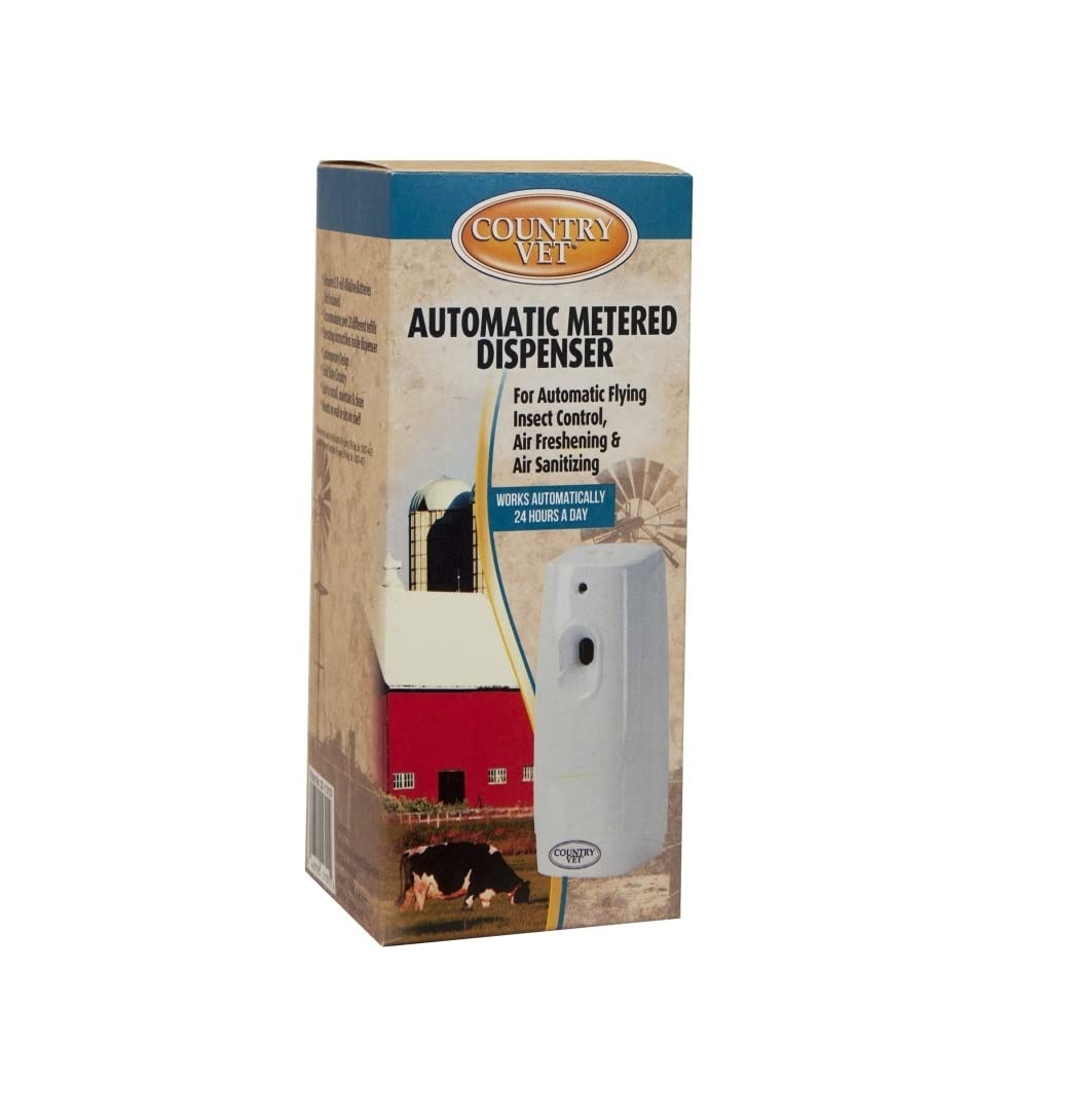 Country Vet automatic metered dispenser on wall releasing a steady fragrance for spaces.