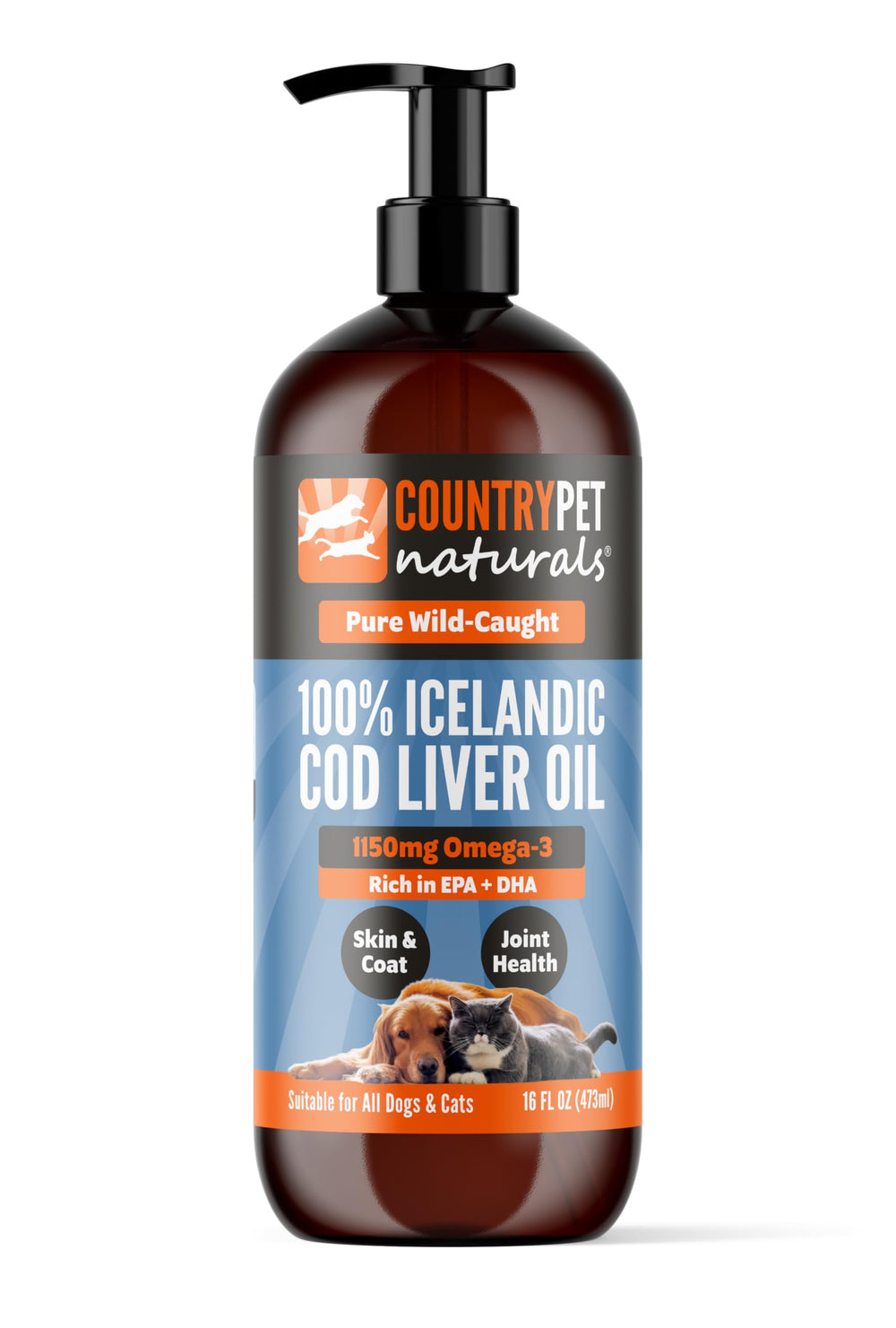 CountryPet Naturals Icelandic cod liver oil bottle pour for easy daily omega-3 supplementation