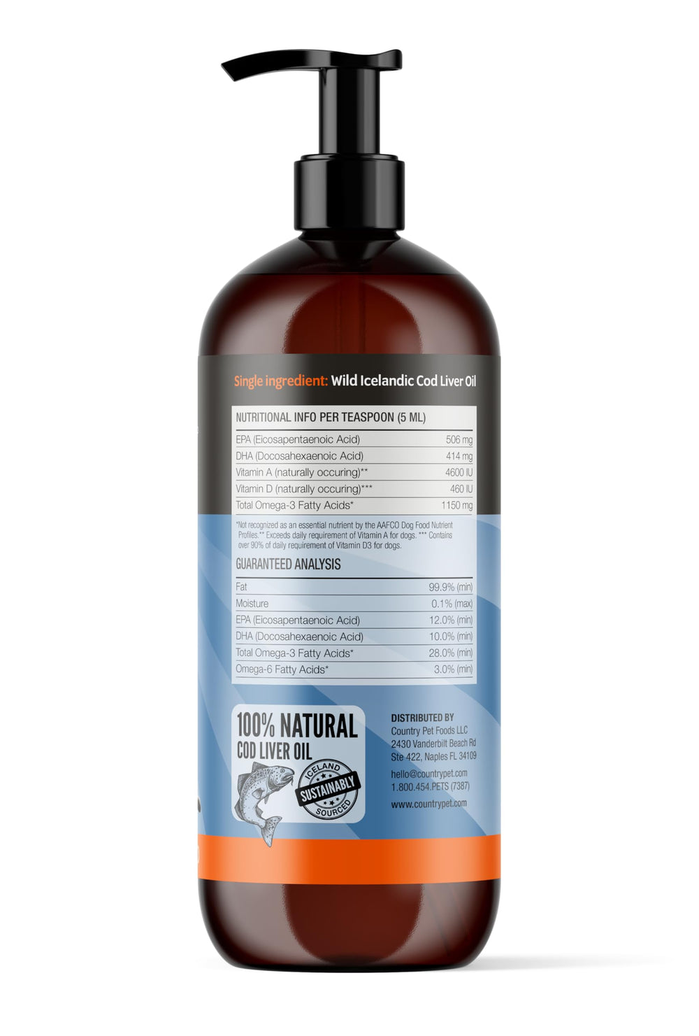 CountryPet Naturals cod liver oil pump-dispense provides mess-free precise dosing