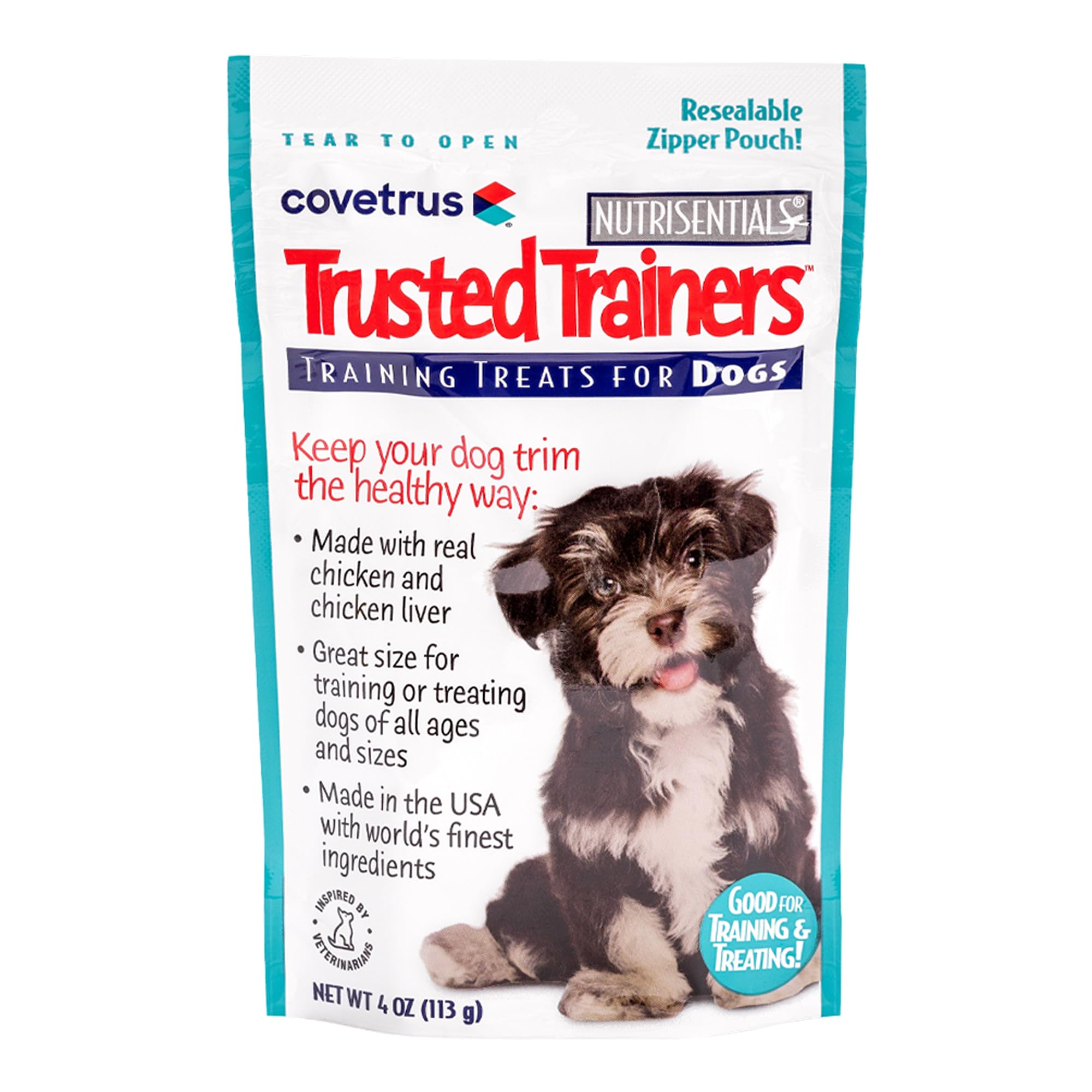 Covetrus NutriSentials Trusted Trainers treats bag open for quick rewards during training.