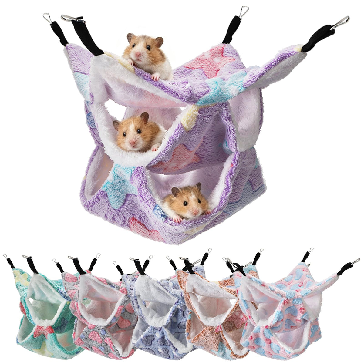 Covzoe 6 piece rat hammocks pack shown in a cage for cozy resting.
