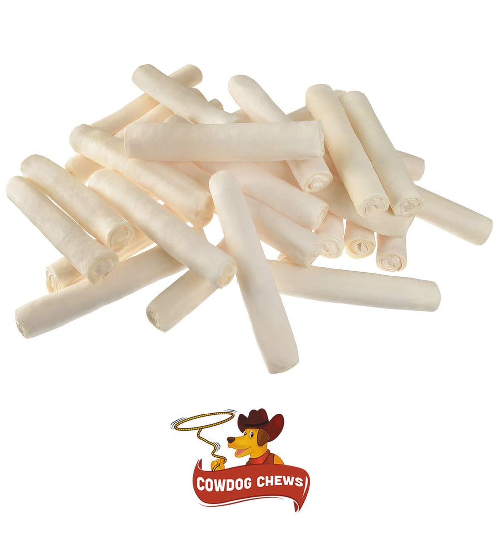 Cowdog Chews rawhide roll in a bowl showing a mess-free treat option