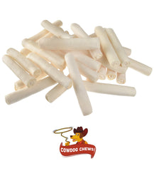 Cowdog Chews rawhide roll in a bowl showing a mess-free treat option