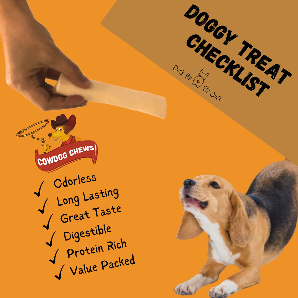 Cowdog Chews 7-8-inch roll display, highlighting portion size for chew sessions