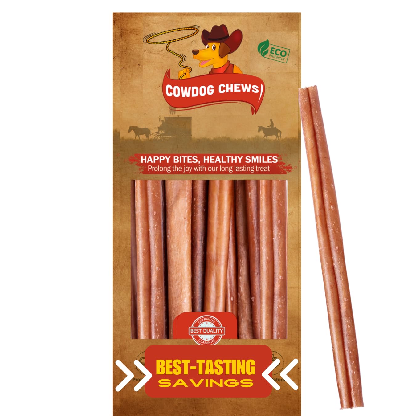 Cowdog Chews Beef Bully Stick packaging shows a 10-count box for a long-lasting chew