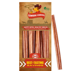 Cowdog Chews Beef Bully Stick packaging shows a 10-count box for a long-lasting chew