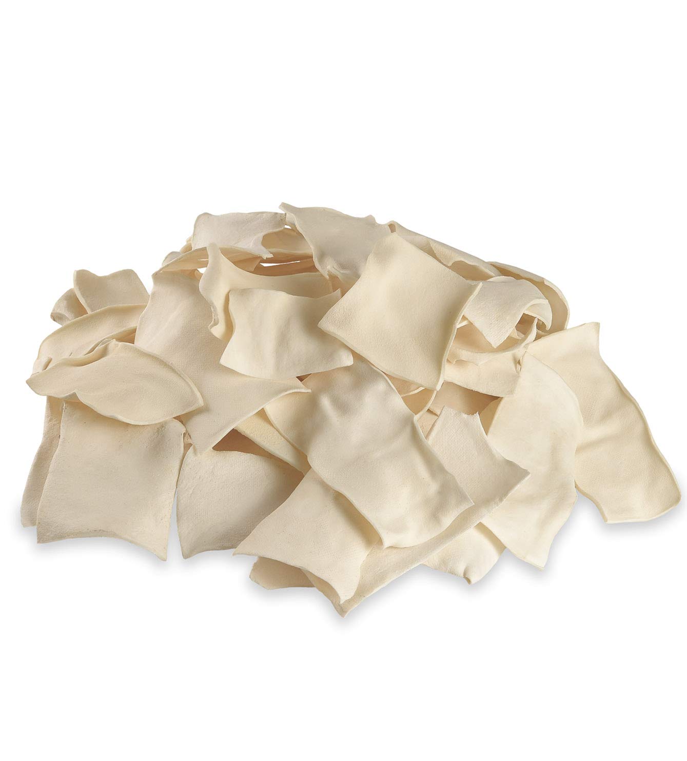 Cowdog Chews thick-cut rawhide chips close-up highlighting dense texture for durable chewing.