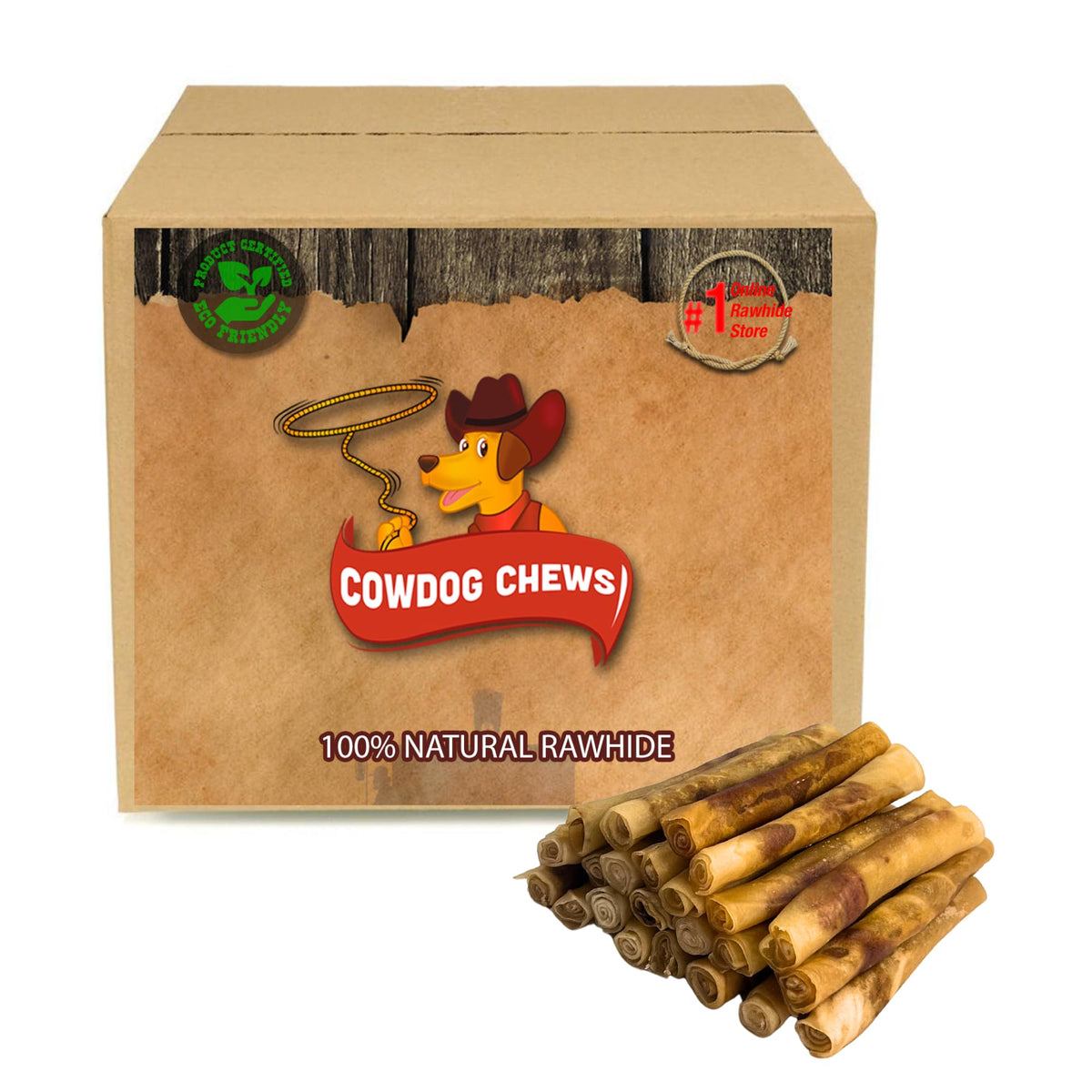 Cowdog Chews Rawhide Gourmet Meaty Rolls provide a long-lasting beef-filled dog chew for aggressive chewers.