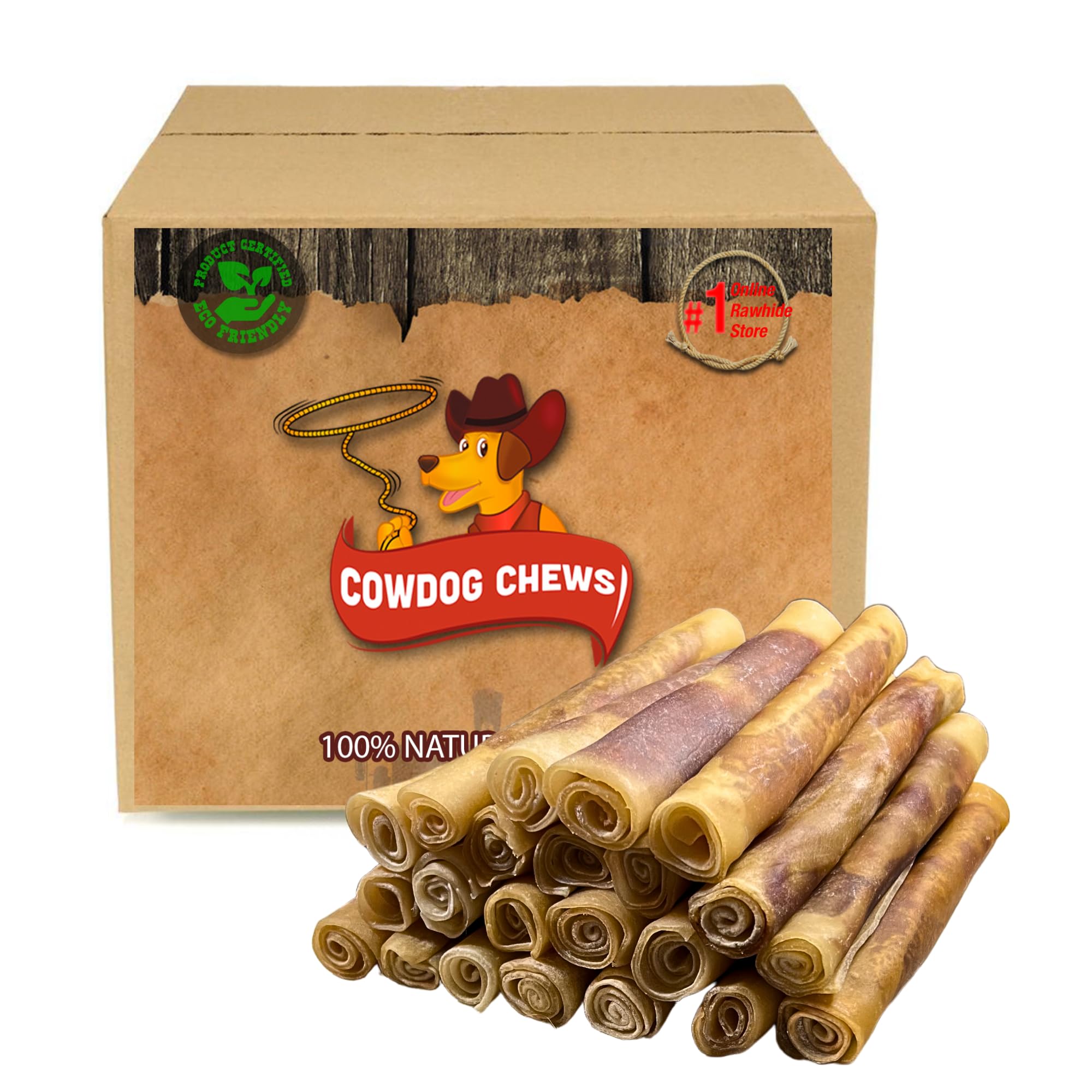 Cowdog Chews Rawhide Gourmet Meaty Rolls 9-10 inch front view, durable chew for aggressive chewers.