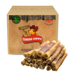 Cowdog Chews Rawhide Gourmet Meaty Rolls 9-10 inch front view, durable chew for aggressive chewers.