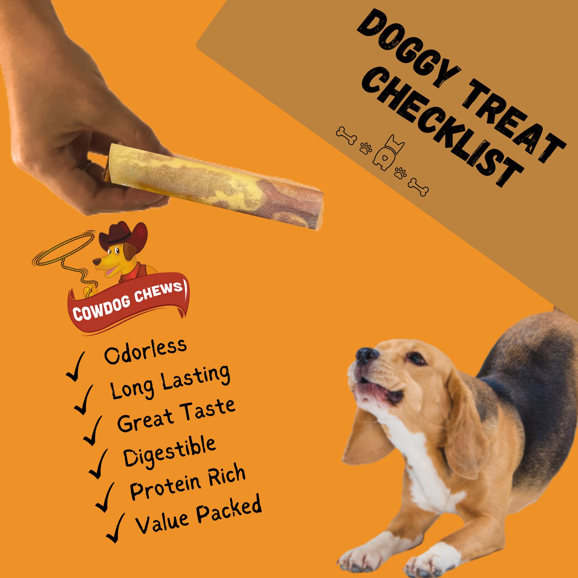 Dog happily chewing a Cowdog Chews Meaty Roll for durable, long-lasting chewing.