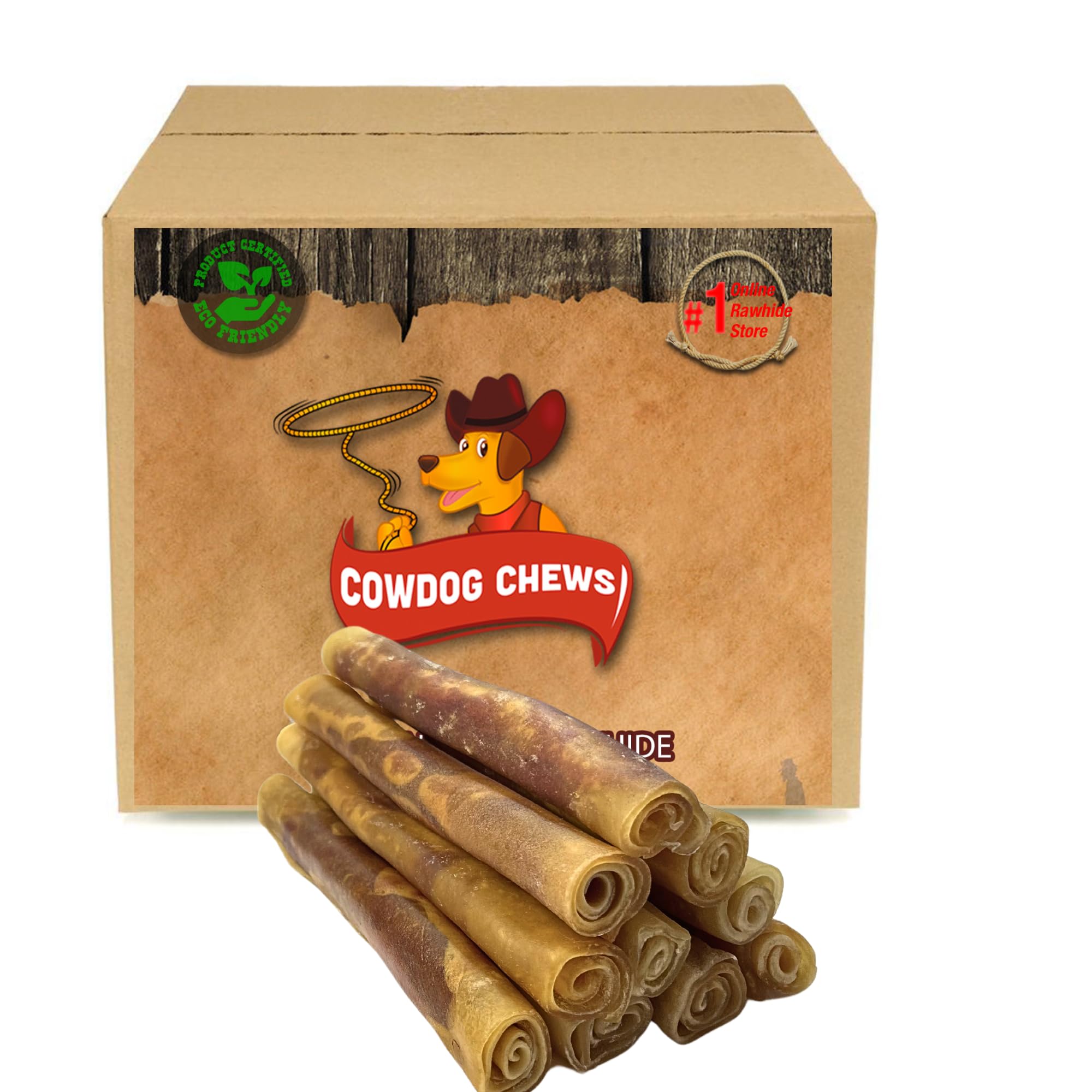 Cowdog Chews Rawhide Gourmet Meaty Rolls packaging showcases premium beef filling for long-lasting enjoyment.