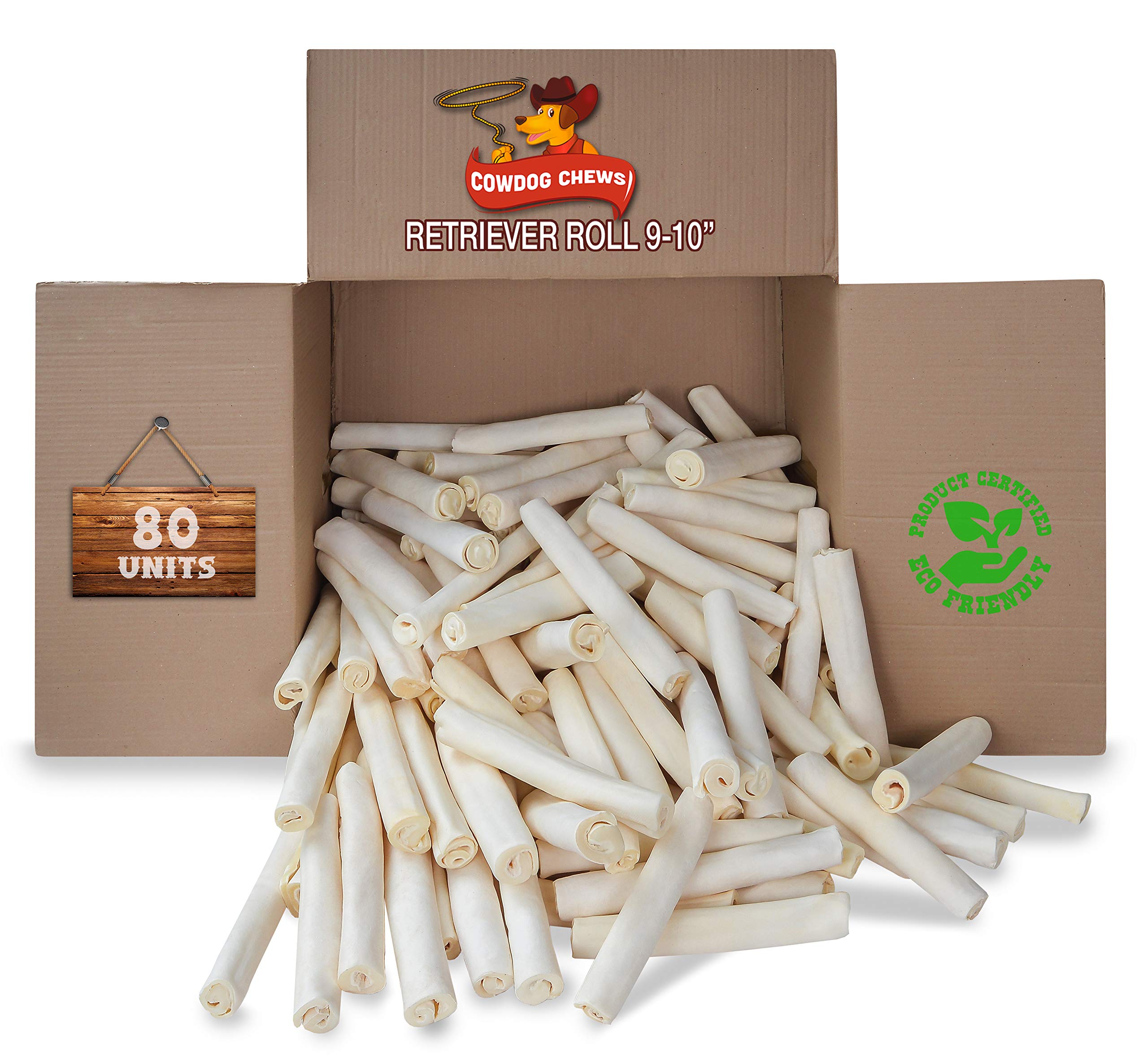 Cowdog Chews Retriever Roll 9-10 inch packaging showing durable rawhide for strong chewers.