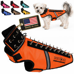 CoyoteVest SpikeVest worn on a dog in front view for bite protection.