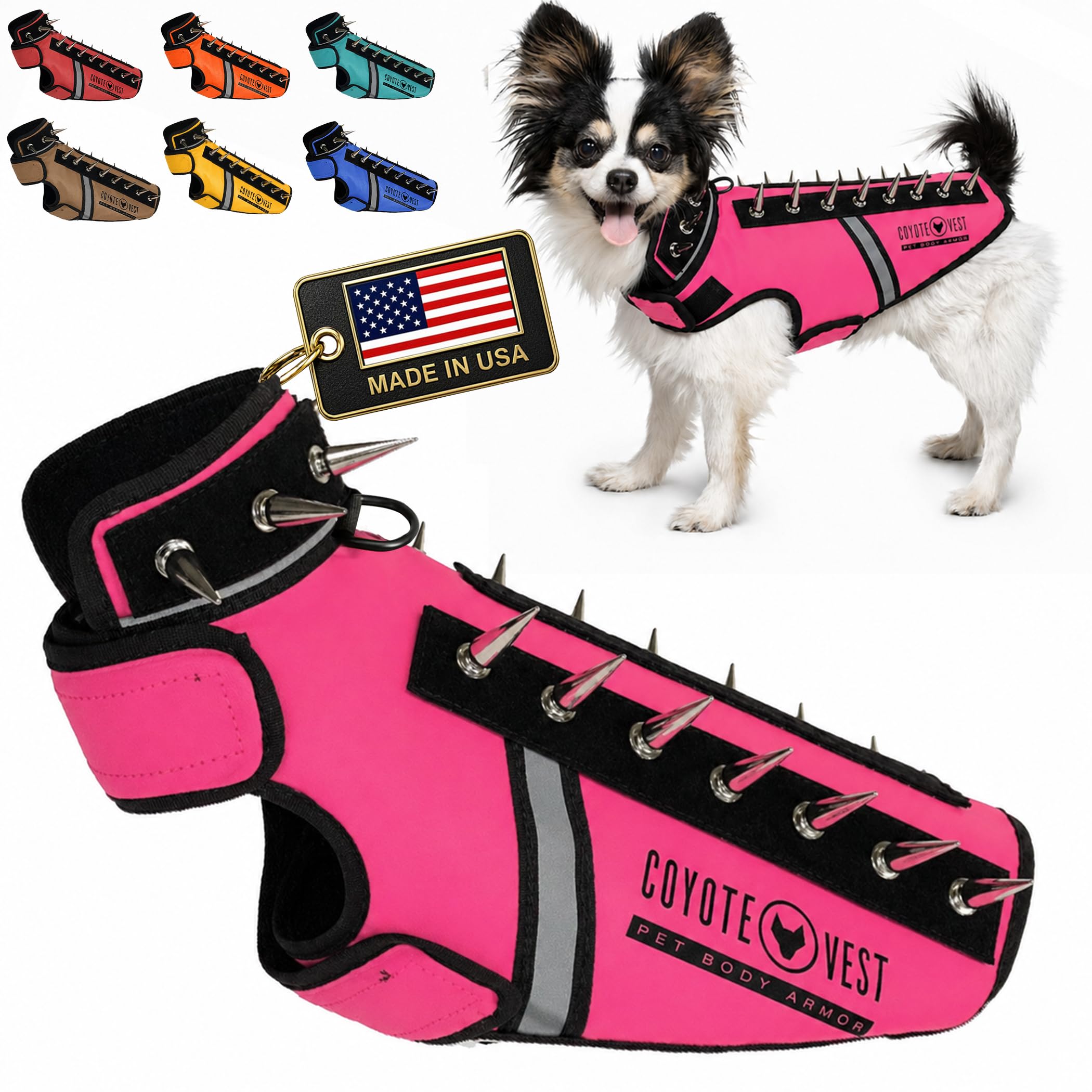 CoyoteVest SpikeVest front view shows secure fit for active dogs.