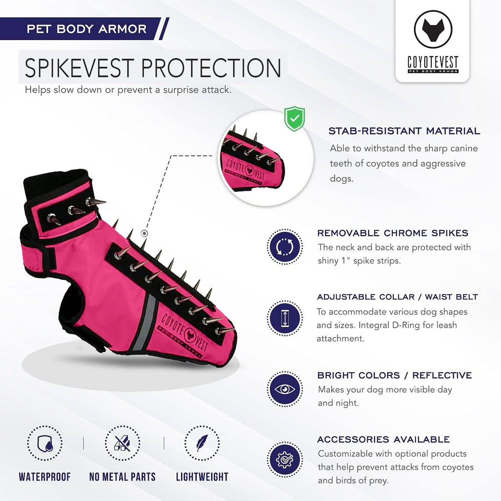 CoyoteVest SpikeVest water-repellent design resists moisture during walks.