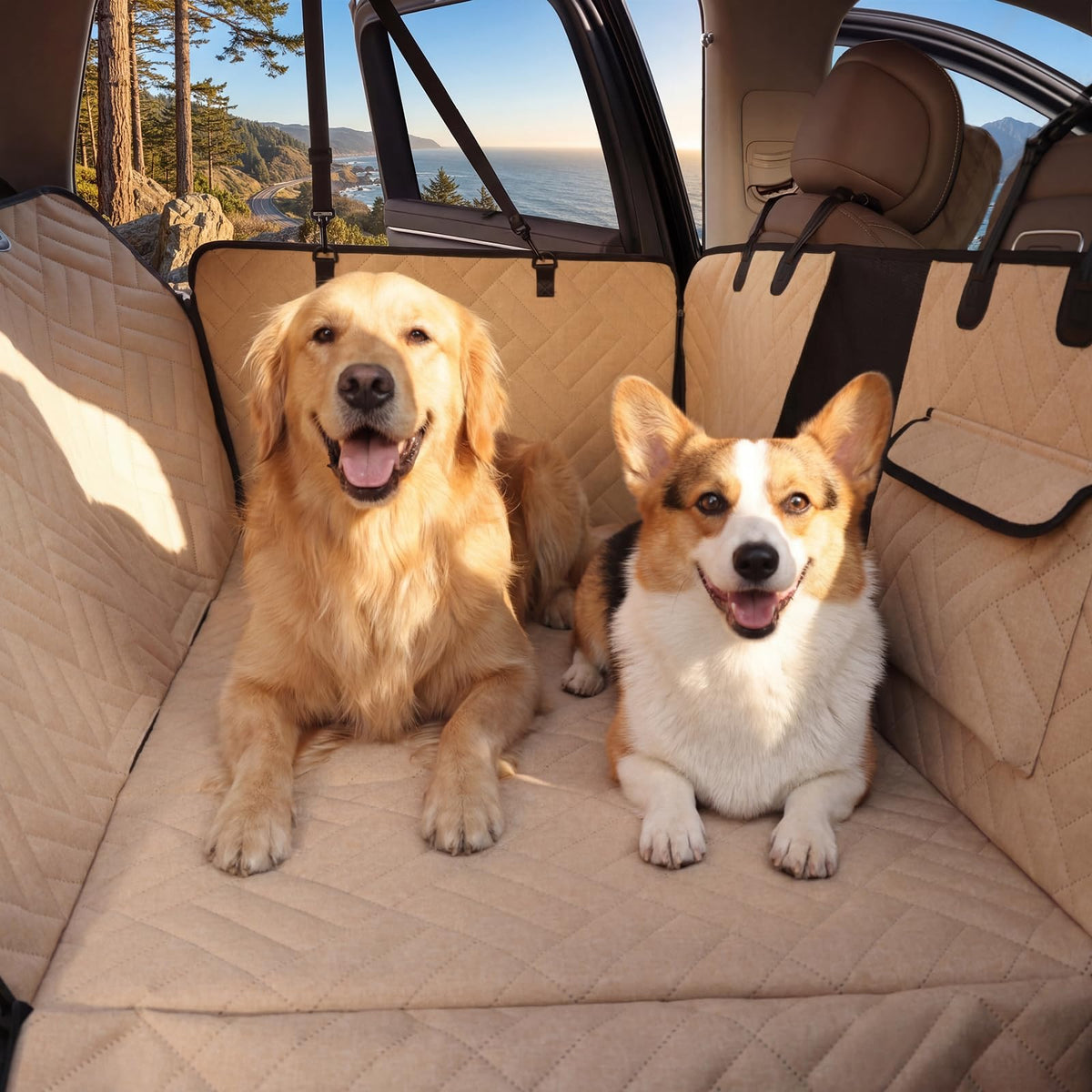 Cozila dog car seat cover on back seat with hard bottom provides secure space for large dogs.