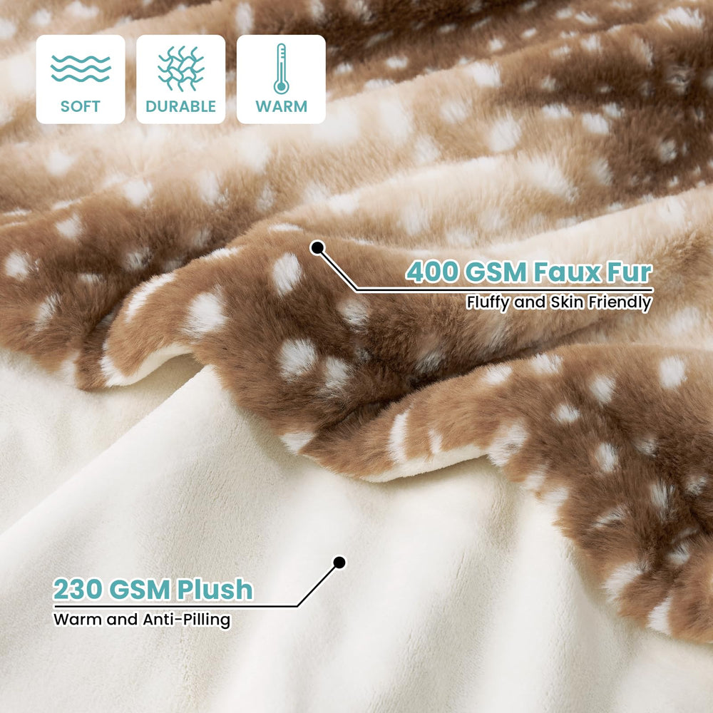 COZY KISS deer print blanket back with soft milk velvet side for skin-friendly comfort.