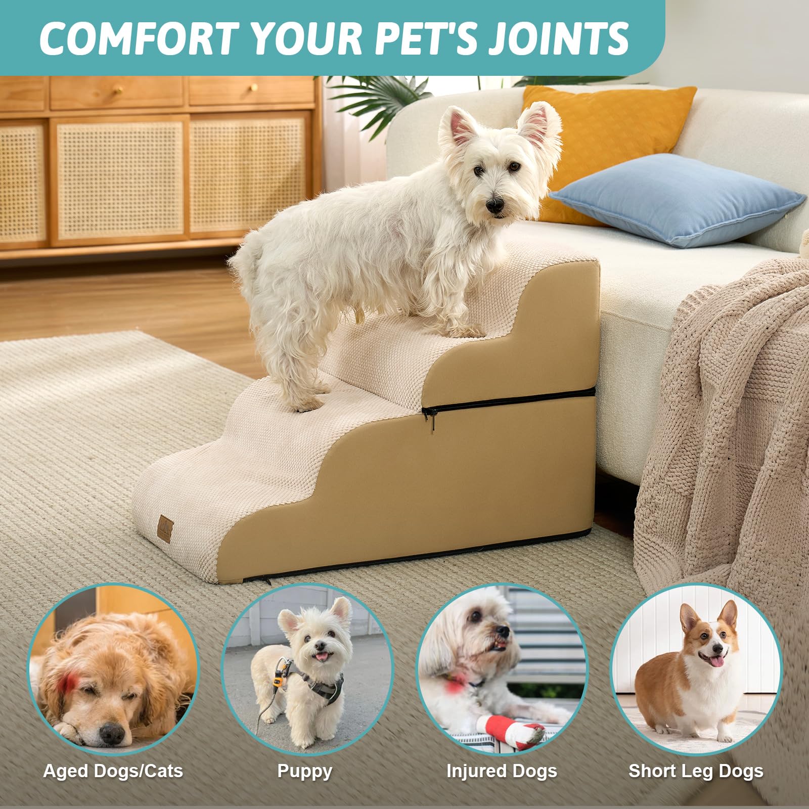 COZY KISS detachable dog stairs on sofa beige for easy access