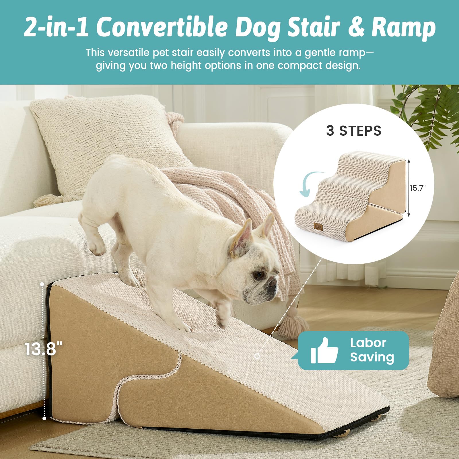 COZY KISS 2-in-1 transformable stairs demonstrate ramp option for easier access to beds.