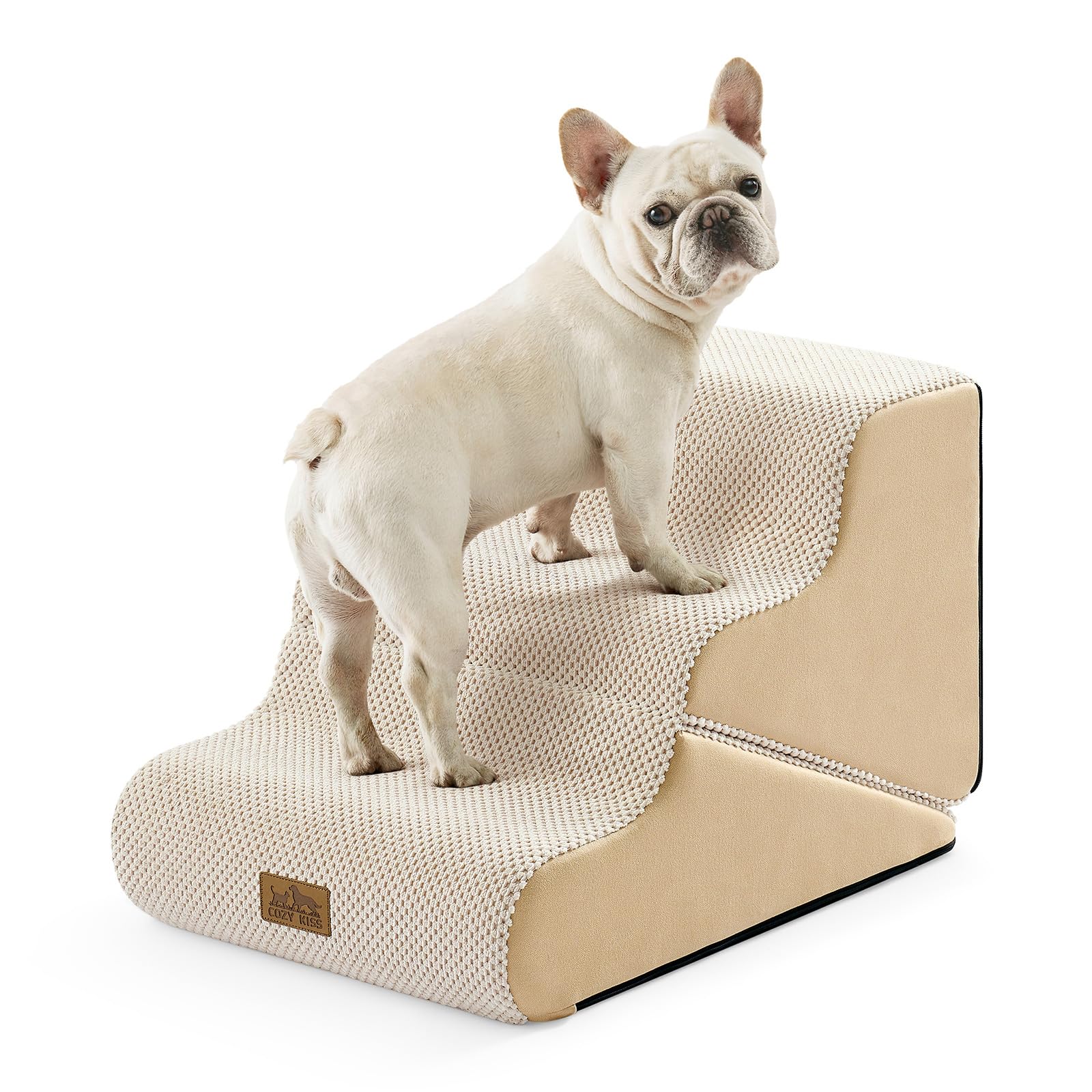 COZY KISS dog stairs 3-step on beige couch provide stable help for small dogs.