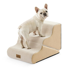 COZY KISS dog stairs 3-step on beige couch provide stable help for small dogs.