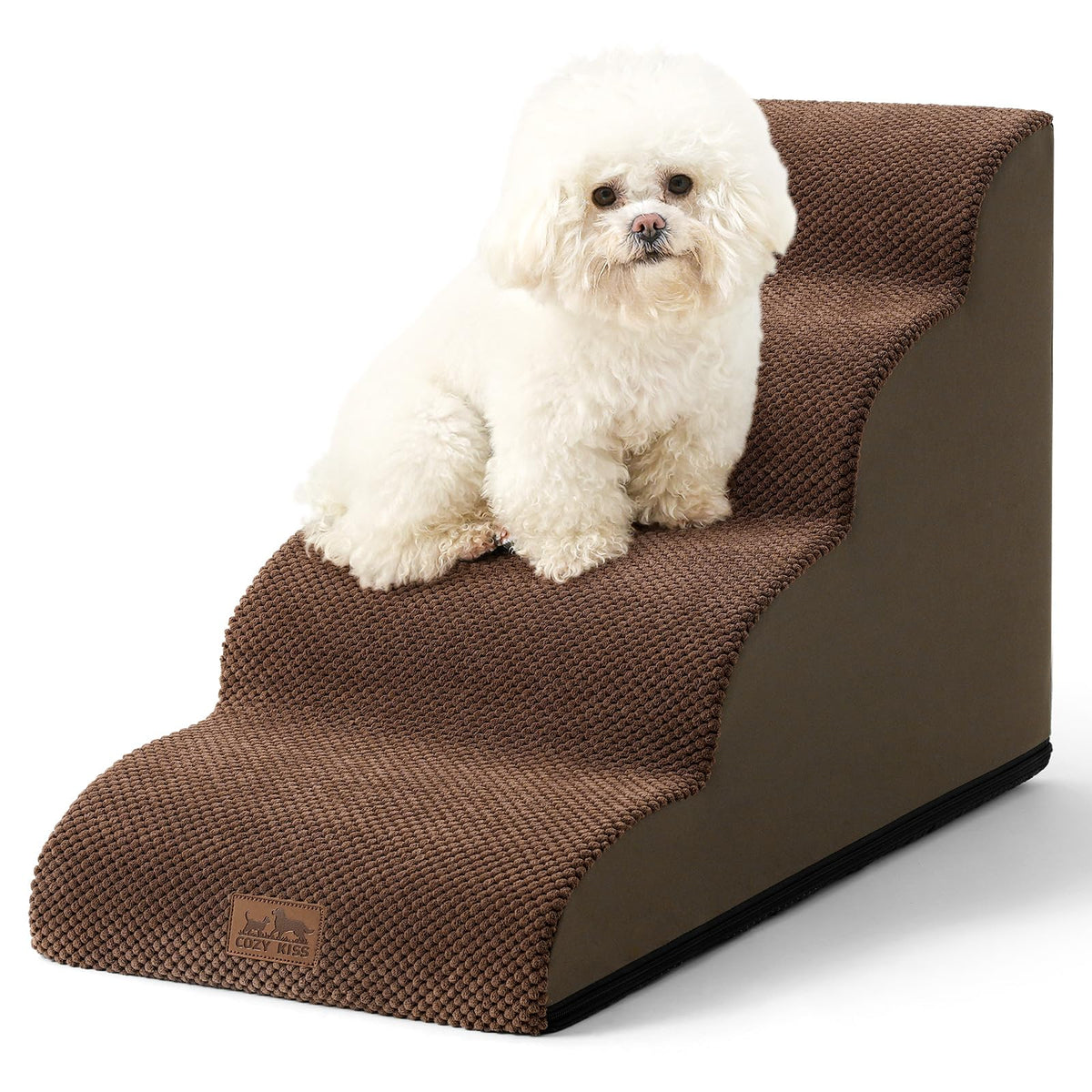 COZY KISS dog stairs curved design with four steps for gentle sofa access.