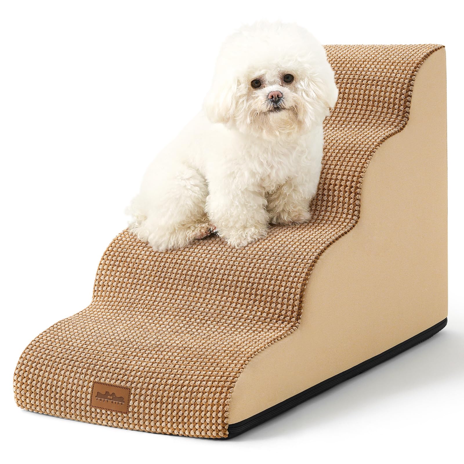 COZY KISS dog stairs curved four-step design aiding small dogs to reach sofas safely.