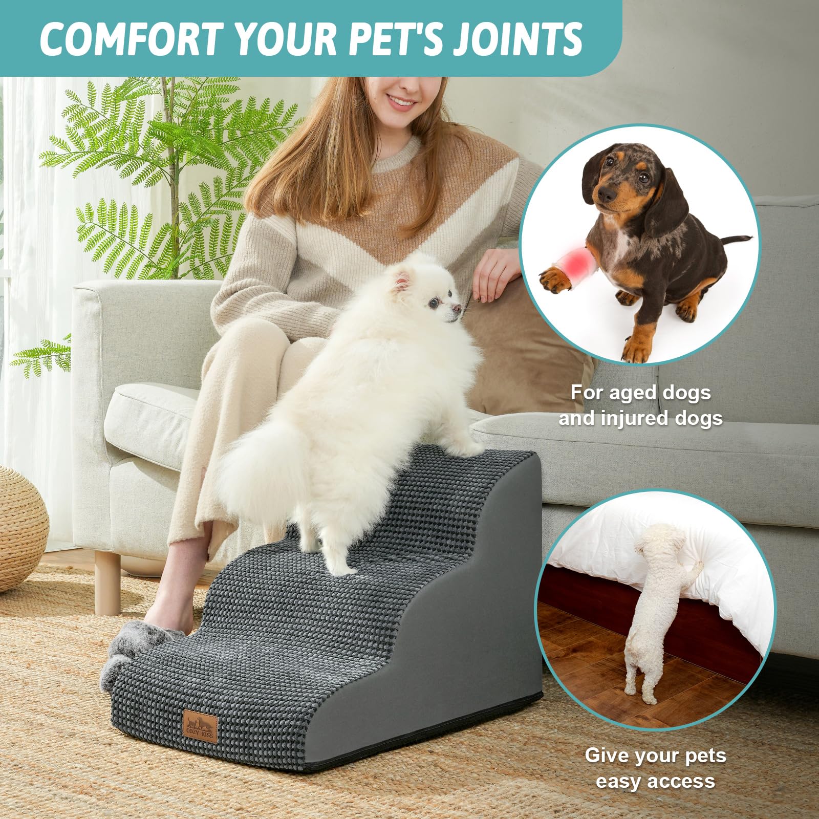 COZY KISS dog stairs foam core supports joints during climbs.