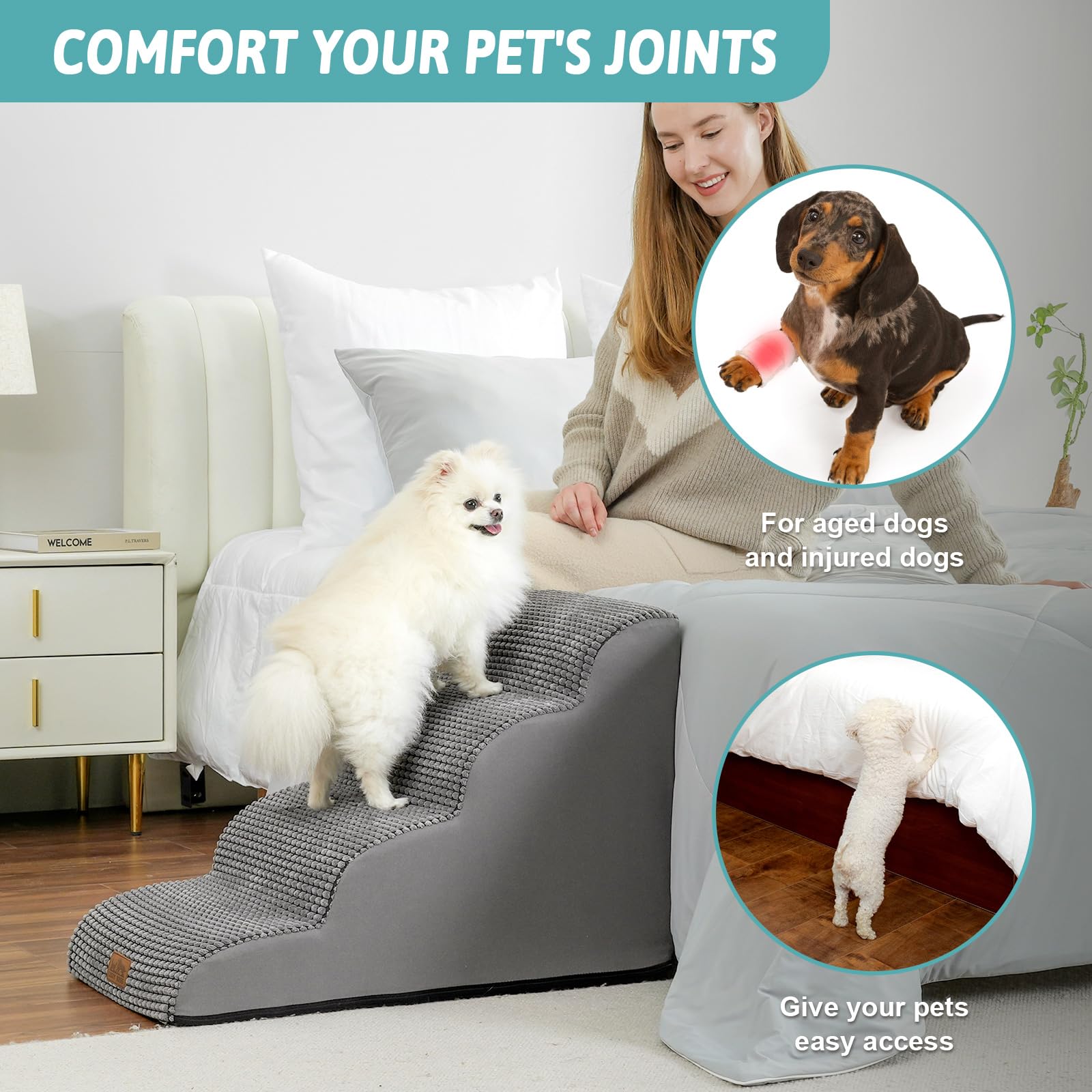 COZY KISS dog stairs in-use-sofa demonstrates easy pet access to elevated seating.