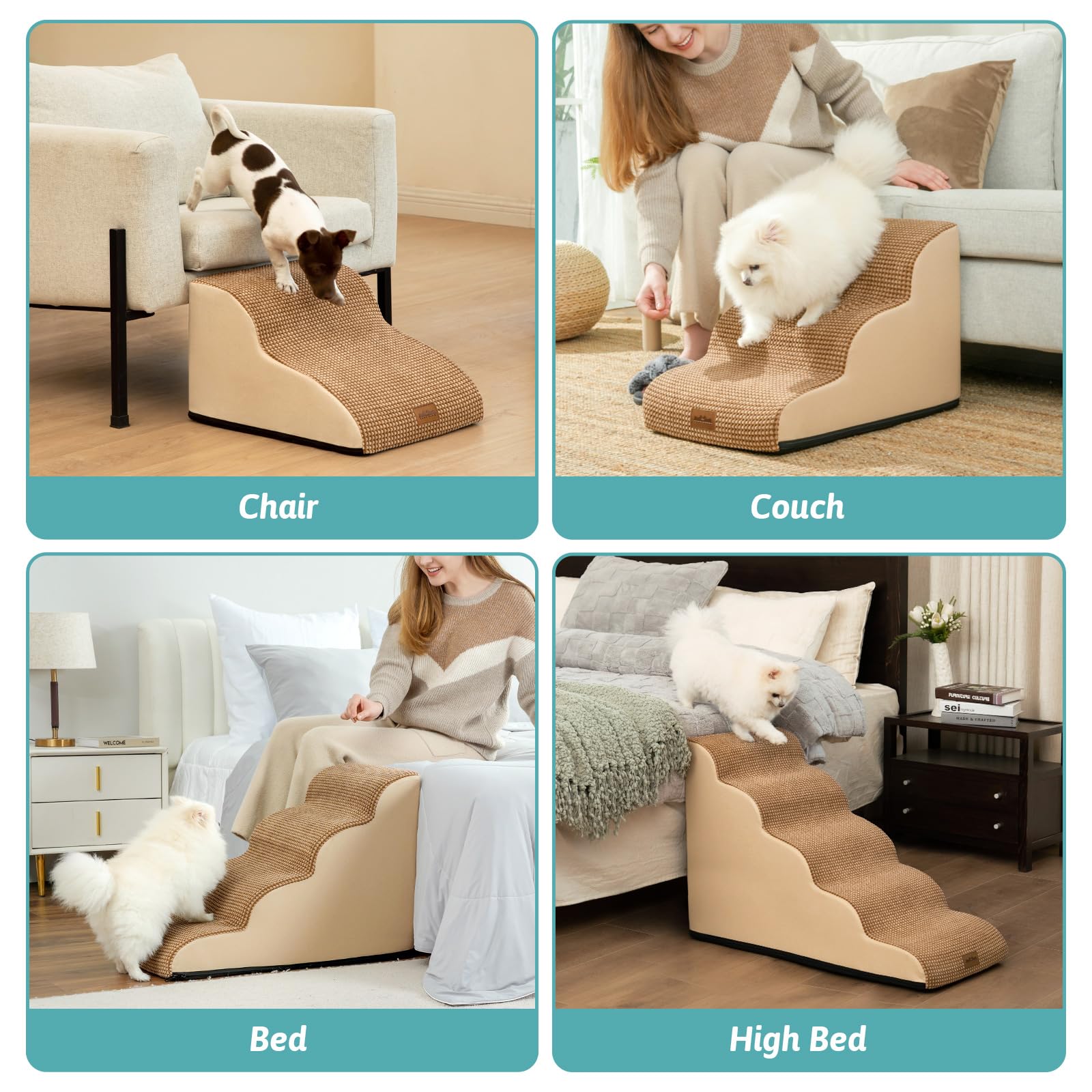 COZY KISS dog stairs layer guide helps choose the right height for furniture.