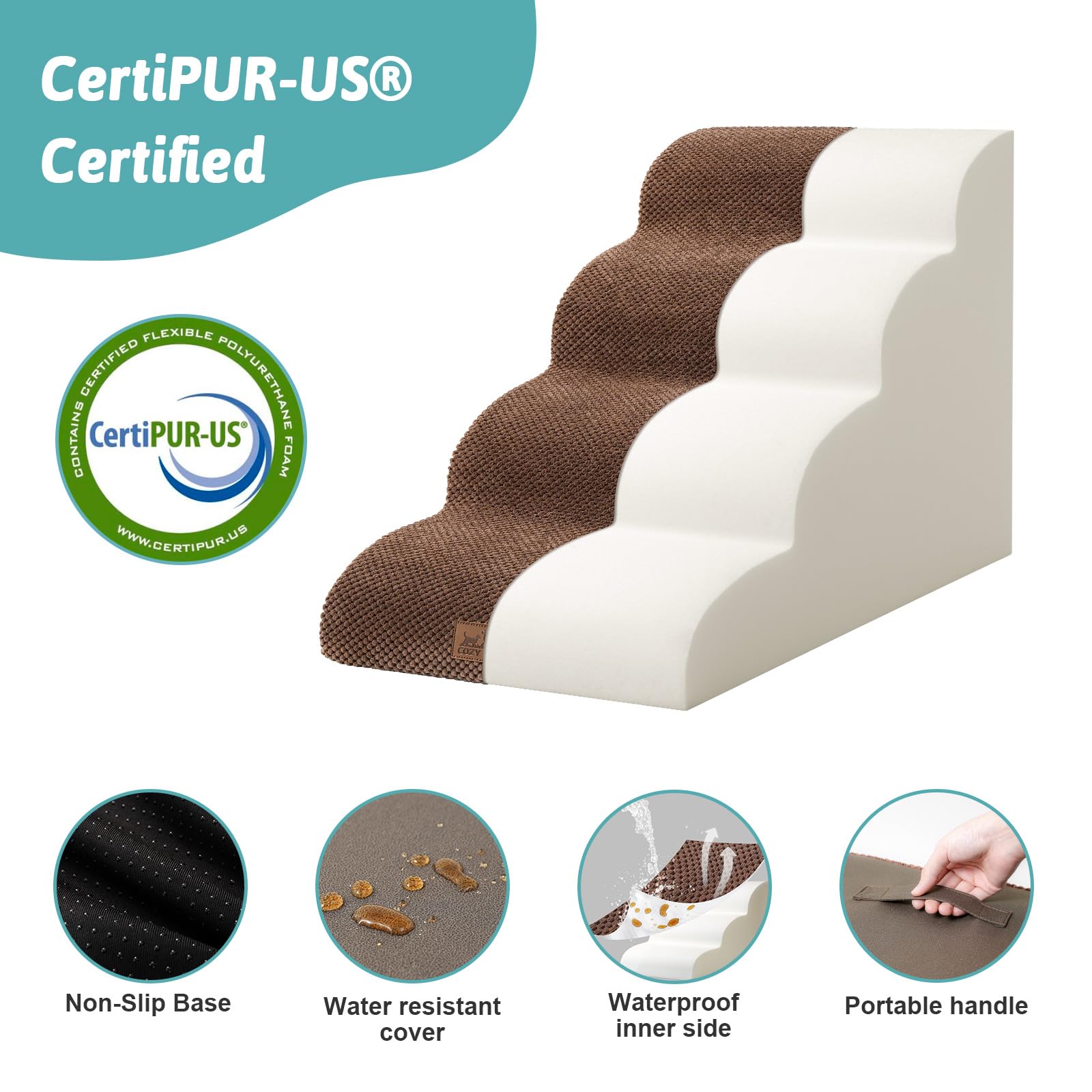 COZY KISS dog stairs leakproof surface keeps steps dry.