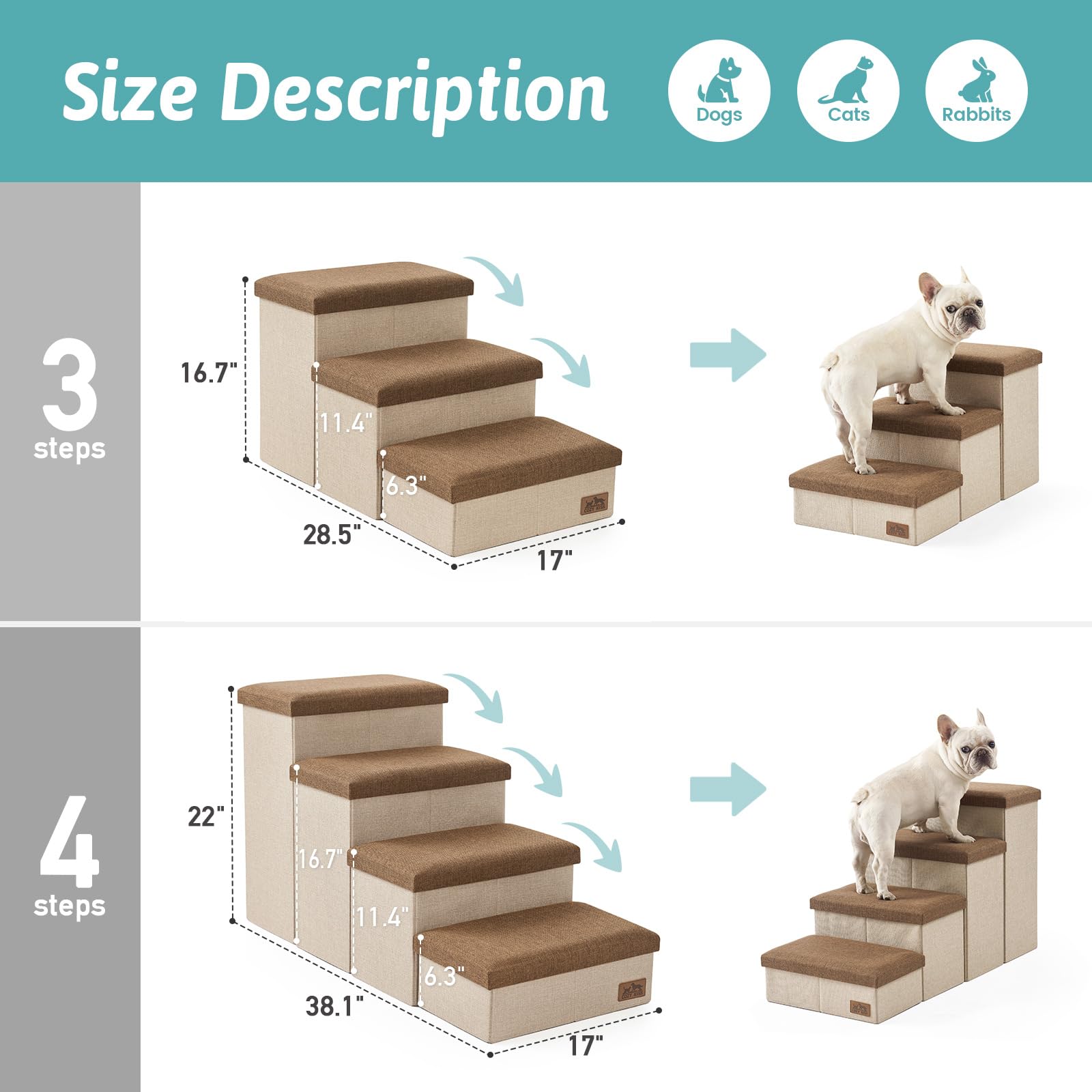 COZY KISS dog stairs with non-slip bottom for stable climbs.