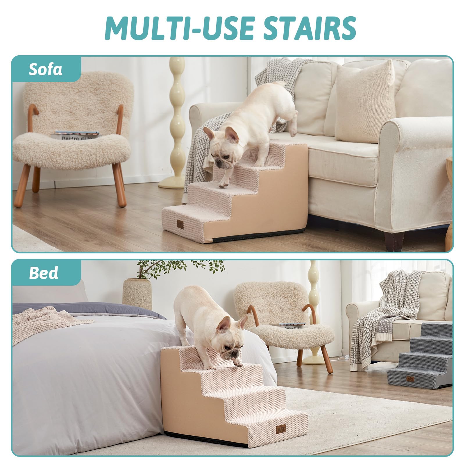 Premium corduroy cover on COZY KISS dog stairs protects furniture.