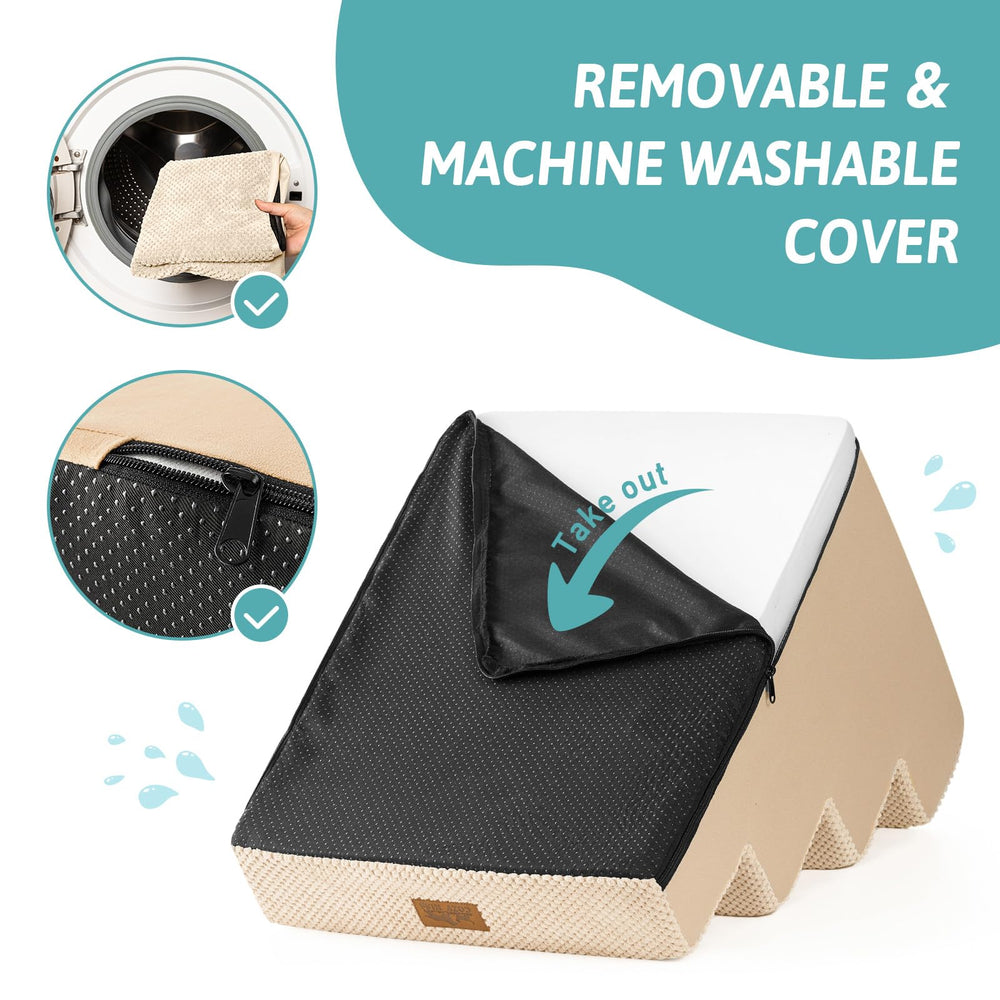 Removable machine-washable cover on COZY KISS dog stairs for easy cleaning.