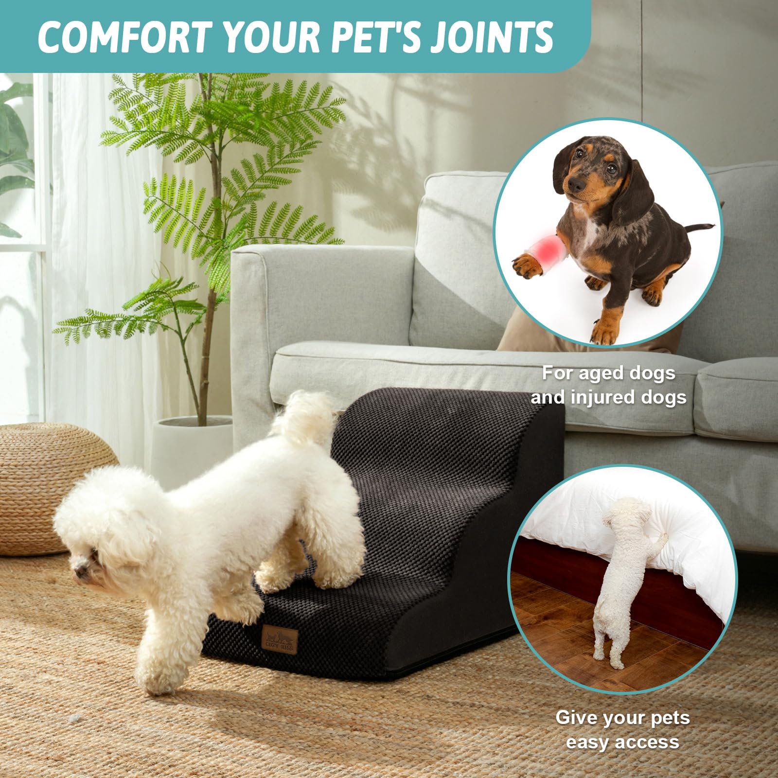COZY KISS dog stairs placed at sofa edge for stable climbing