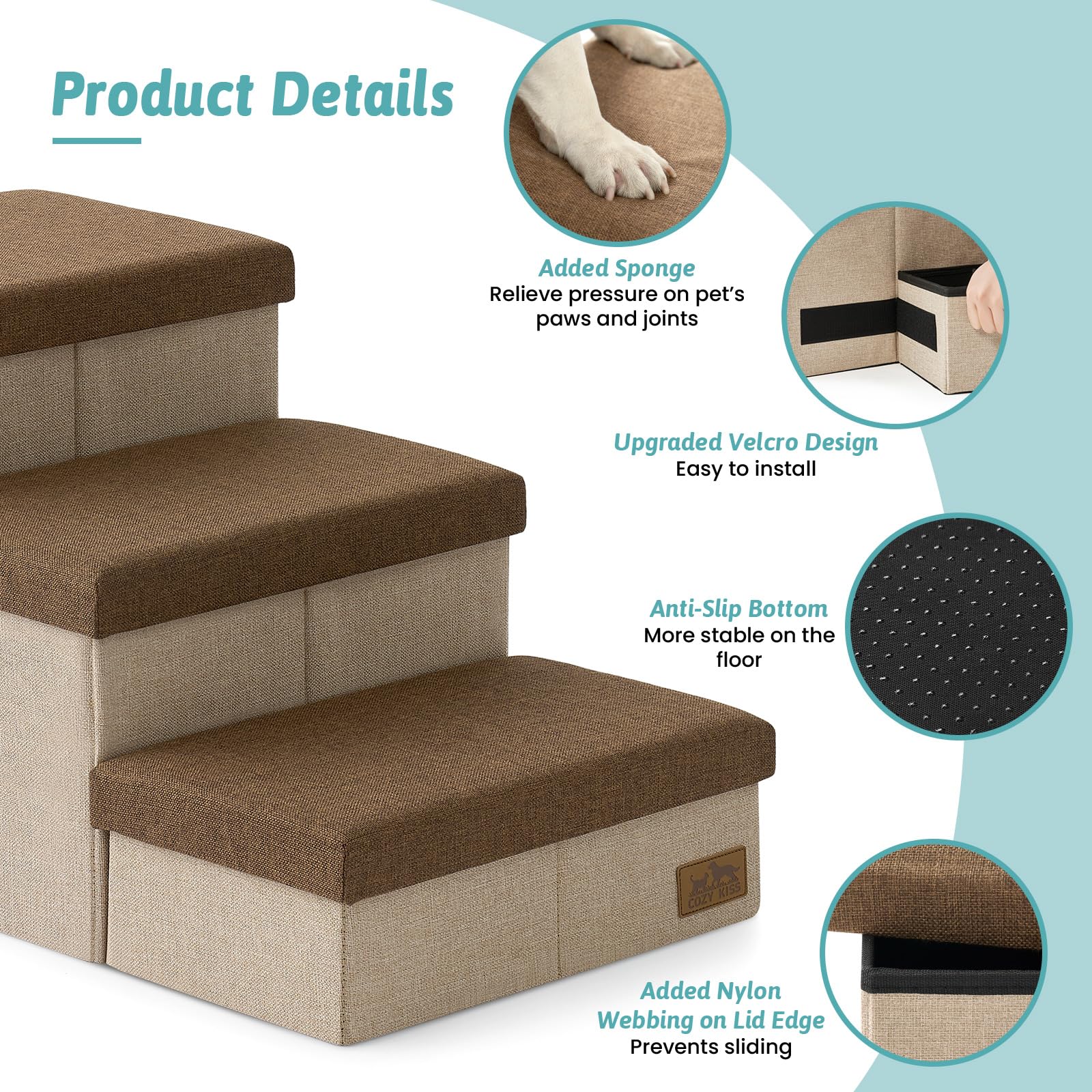 COZY KISS dog stairs with storage, capacity up to 180 lbs for larger pets