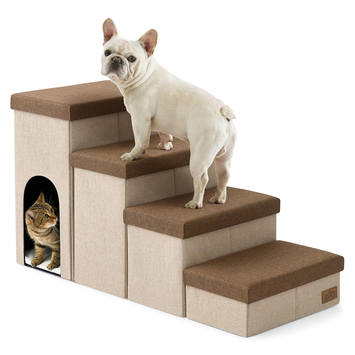 COZY KISS dog stairs with storage, angled view, wide steps for easy climbing