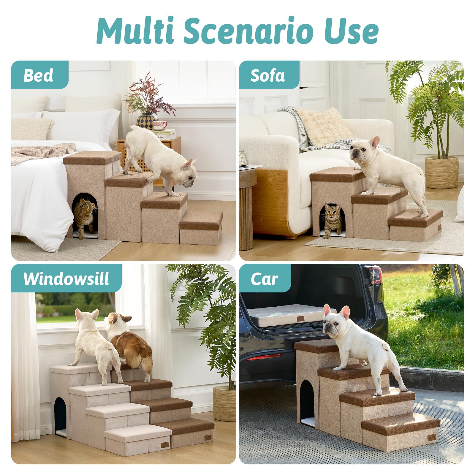 COZY KISS dog stairs with storage, assembly guide included for quick setup