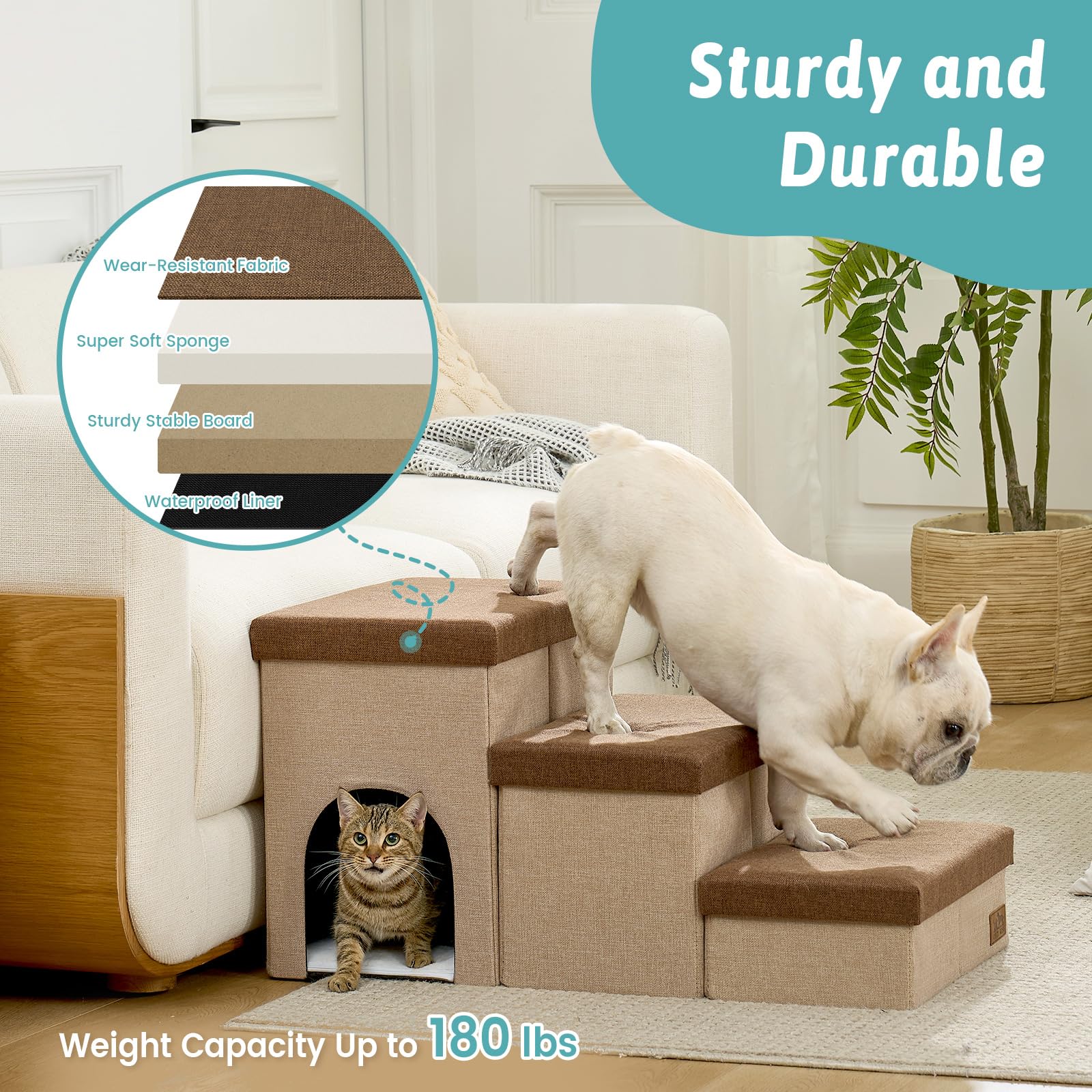 COZY KISS dog stairs with storage, full dimensions for bed and couch reach