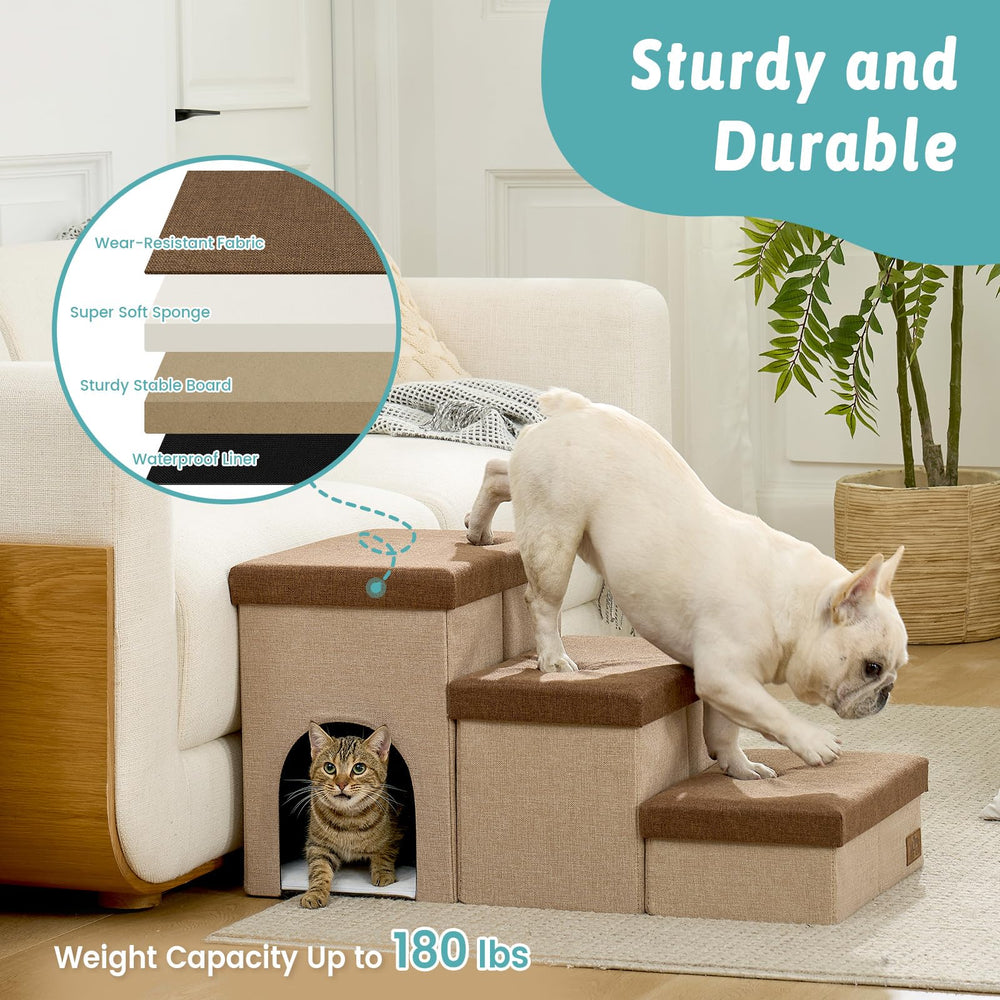 COZY KISS dog stairs with storage, full dimensions for bed and couch reach