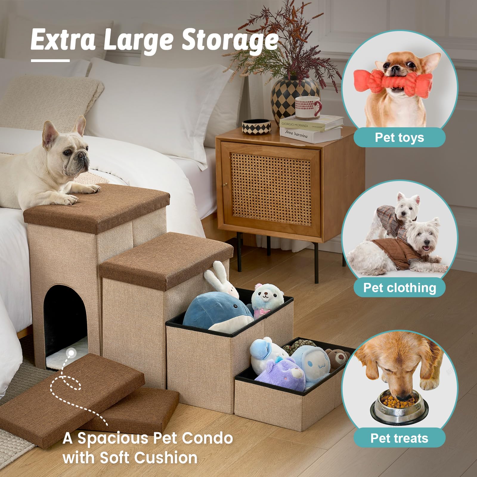 COZY KISS dog stairs with storage, non-slip base for stable climbs