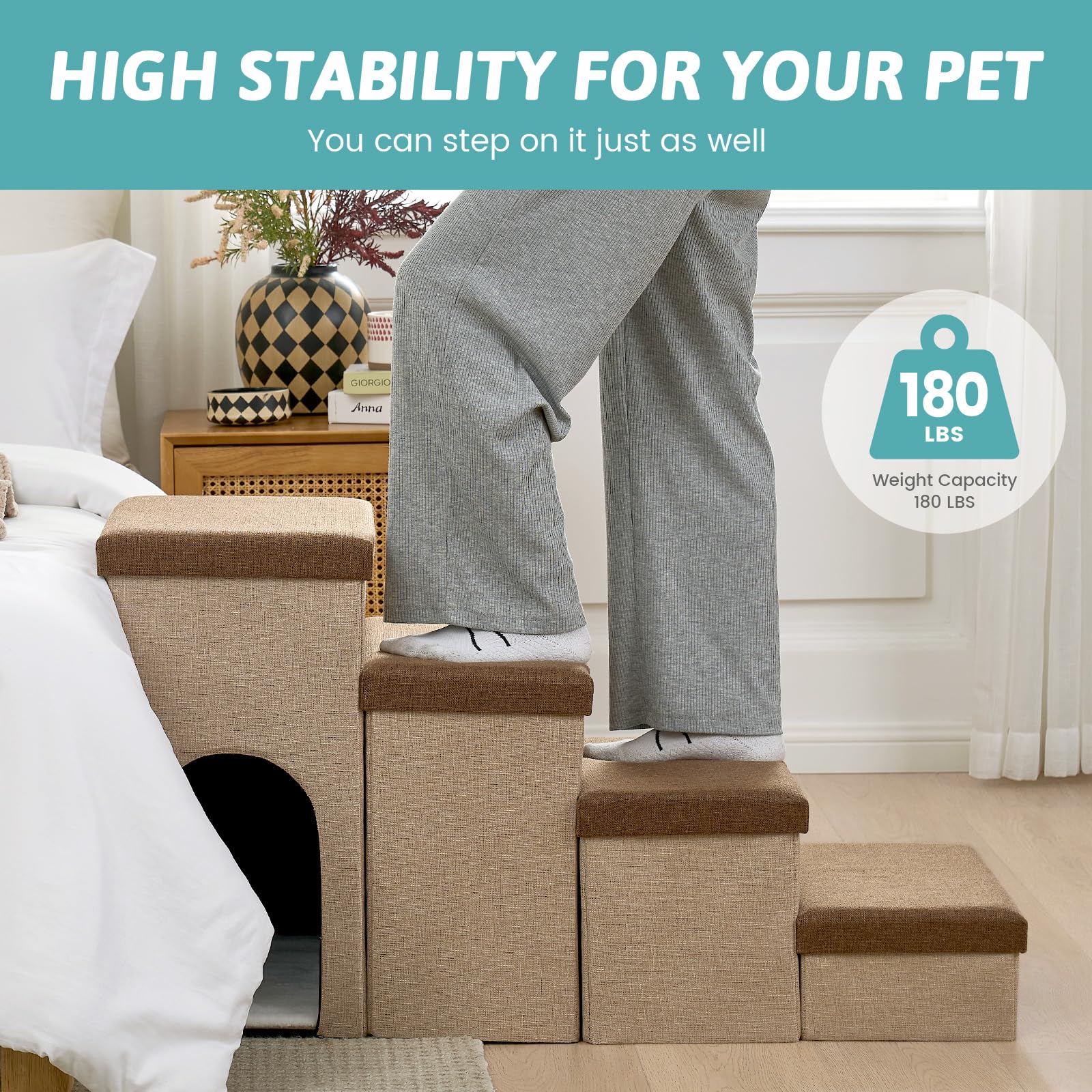 COZY KISS dog stairs with storage, soft fabric and secure footing