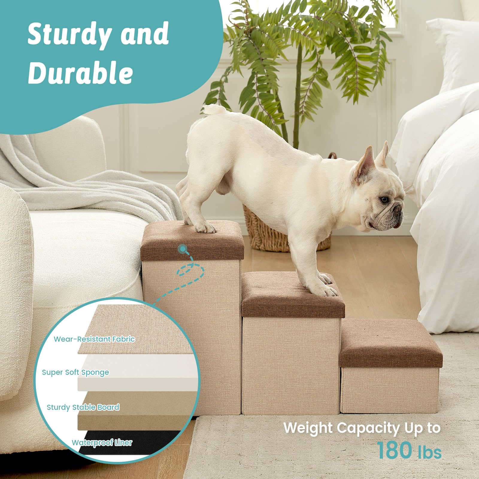 COZY KISS dog stairs supports up to 180 lbs for larger dogs.