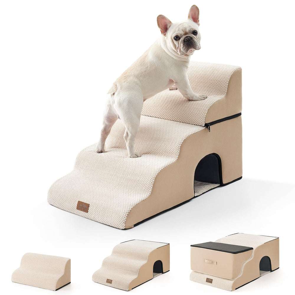COZY KISS extra wide dog stairs with tunnel, front view, easy pet access