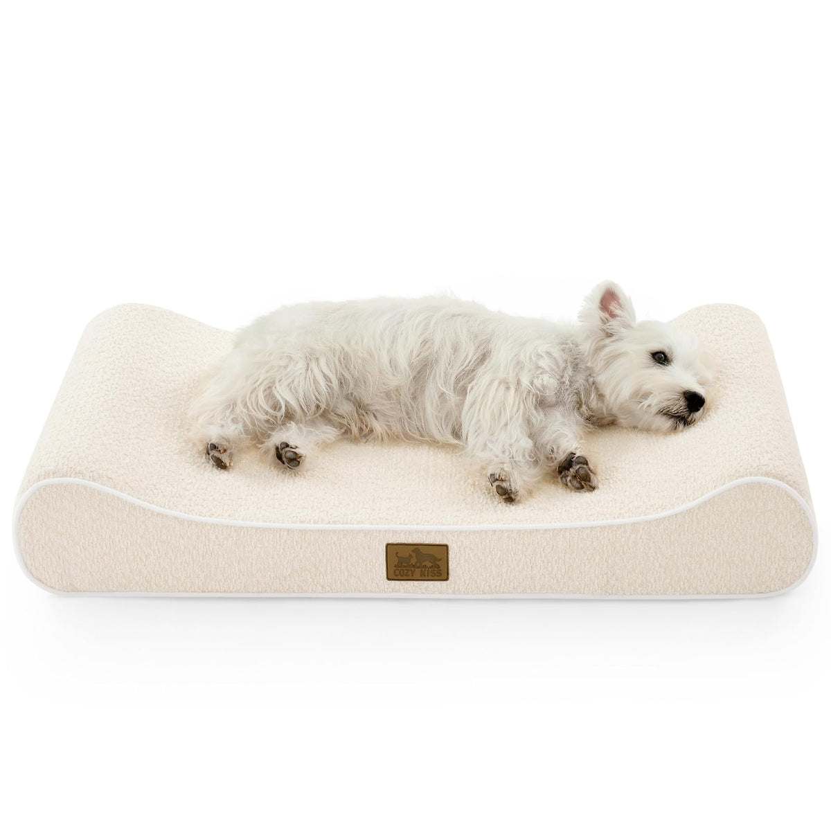 COZY KISS orthopedic dog bed beige boat-shaped front view with supportive edges for joints